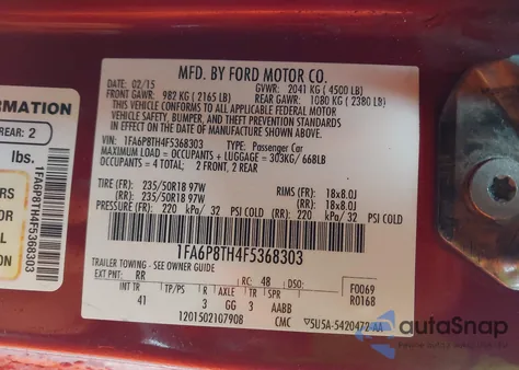 2015 Ford Mustang Ecoboost из США, поврежденный, VIN 1FA6P8TH4F5368303